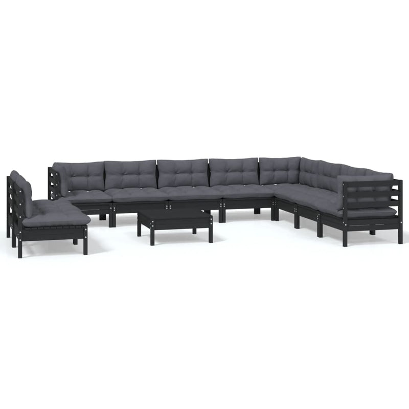 11 Piece Garden Lounge Set with Cushions Black Solid Pinewood Payday Deals