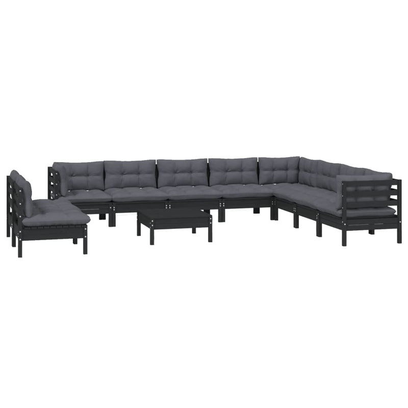 11 Piece Garden Lounge Set with Cushions Black Solid Pinewood Payday Deals