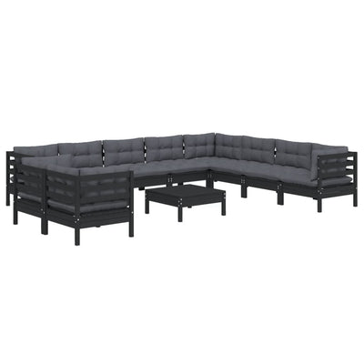 11 Piece Garden Lounge Set with Cushions Black Solid Pinewood Payday Deals