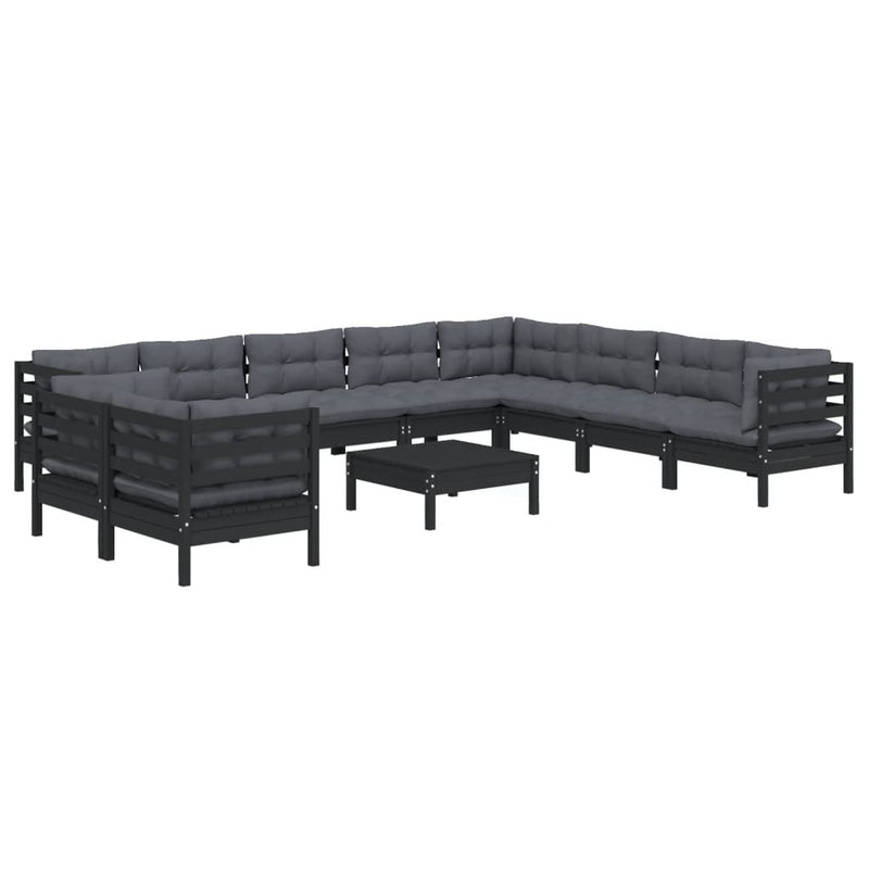 11 Piece Garden Lounge Set with Cushions Black Solid Pinewood Payday Deals