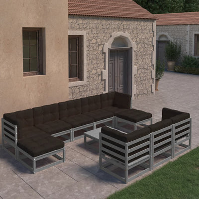 11 Piece Garden Lounge Set with Cushions Grey Solid Pinewood