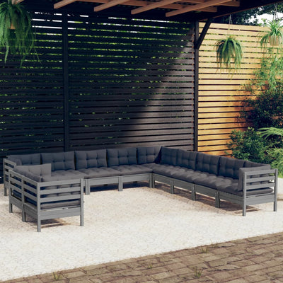 11 Piece Garden Lounge Set with Cushions Grey Solid Pinewood Payday Deals