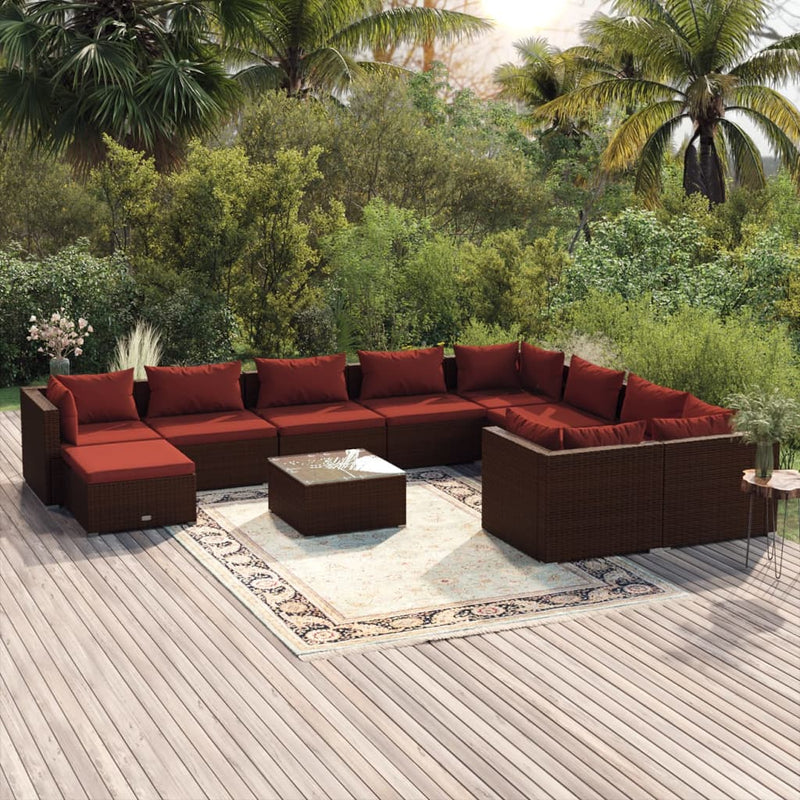 11 Piece Garden Lounge Set with Cushions Poly Rattan Brown Payday Deals