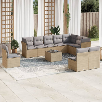 11 Piece Garden Sofa Set with Cushions Beige Poly Rattan