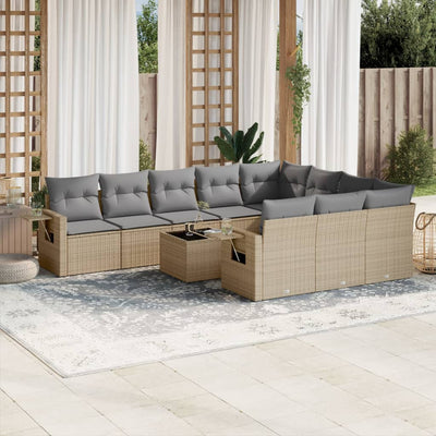 11 Piece Garden Sofa Set with Cushions Beige Poly Rattan