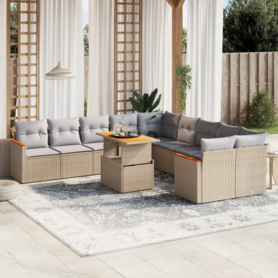 11 Piece Garden Sofa Set with Cushions Beige Poly Rattan