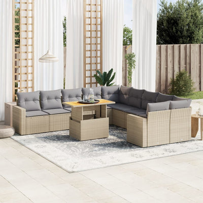 11 Piece Garden Sofa Set with Cushions Beige Poly Rattan