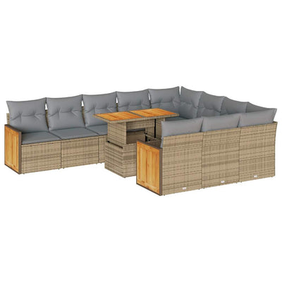 11 Piece Garden Sofa Set with Cushions Beige Poly Rattan Acacia Payday Deals