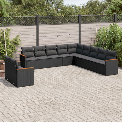 11 Piece Garden Sofa Set with Cushions Black Poly Rattan