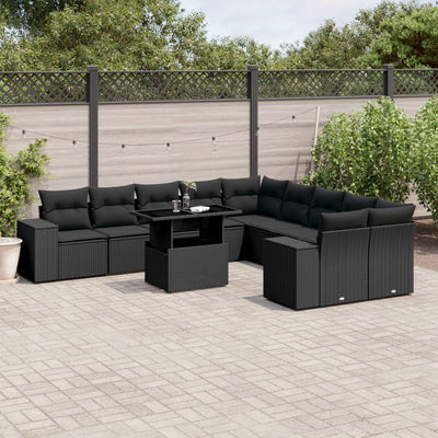 11 Piece Garden Sofa Set with Cushions Black Poly Rattan