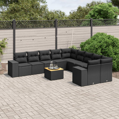 11 Piece Garden Sofa Set with Cushions Black Poly Rattan