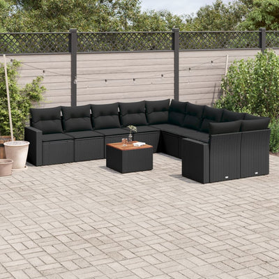 11 Piece Garden Sofa Set with Cushions Black Poly Rattan