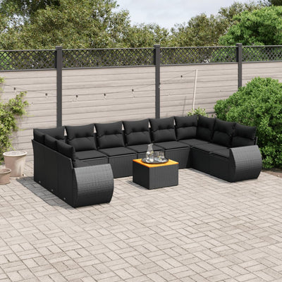 11 Piece Garden Sofa Set with Cushions Black Poly Rattan