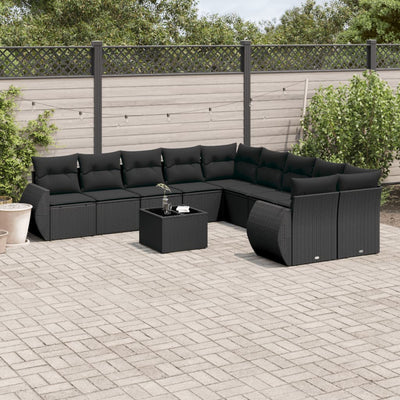 11 Piece Garden Sofa Set with Cushions Black Poly Rattan