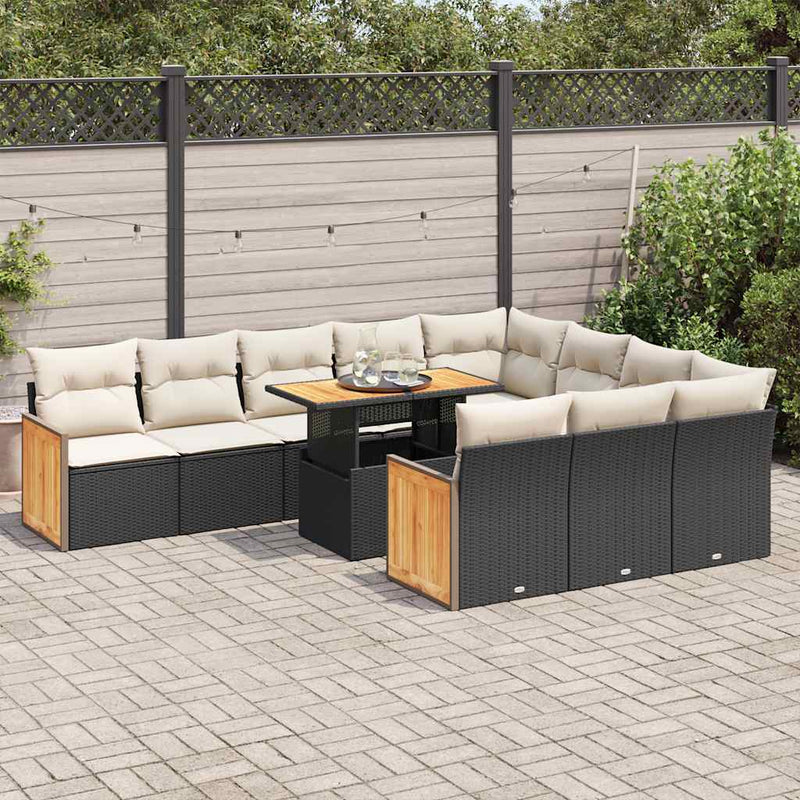 11 Piece Garden Sofa Set with Cushions Black Poly Rattan Acacia Payday Deals