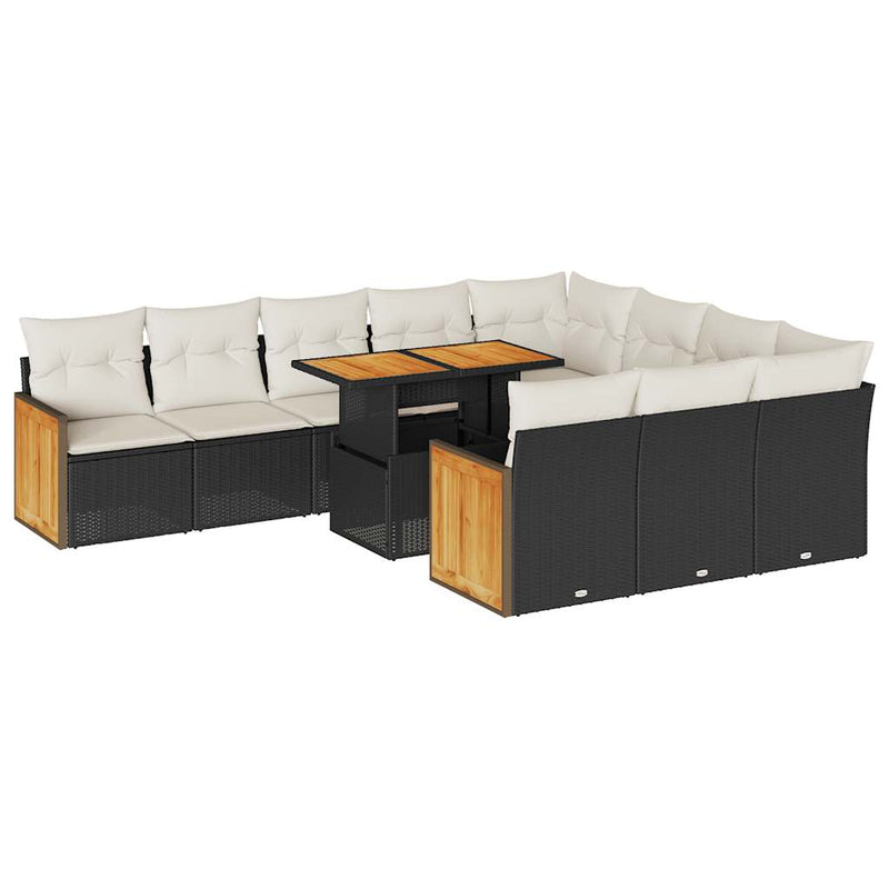 11 Piece Garden Sofa Set with Cushions Black Poly Rattan Acacia Payday Deals