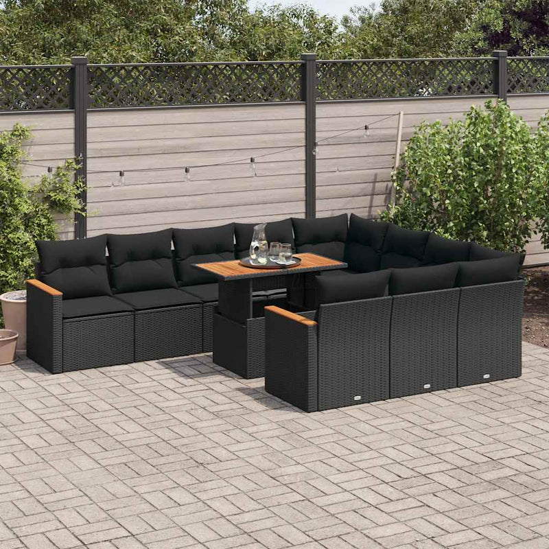 11 Piece Garden Sofa Set with Cushions Black Poly Rattan Acacia Payday Deals