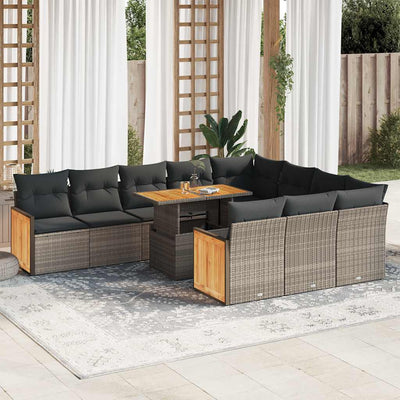 11 Piece Garden Sofa Set with Cushions Grey Poly Rattan Acacia Payday Deals