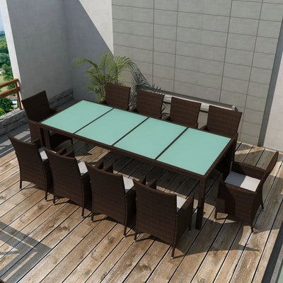 11 Piece Outdoor Dining Set with Cushions Poly Rattan Brown