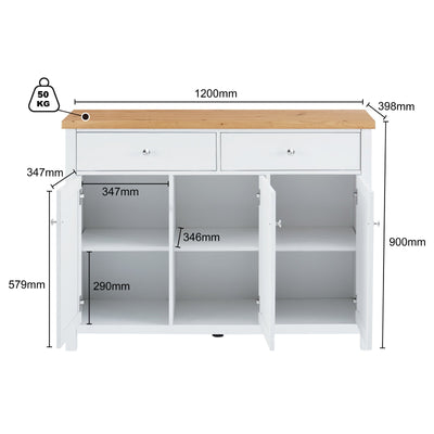 Buffet Sideboard with 2 Drawers & 3 Doors - Pine Top, White Body | Versatile Storage Solution