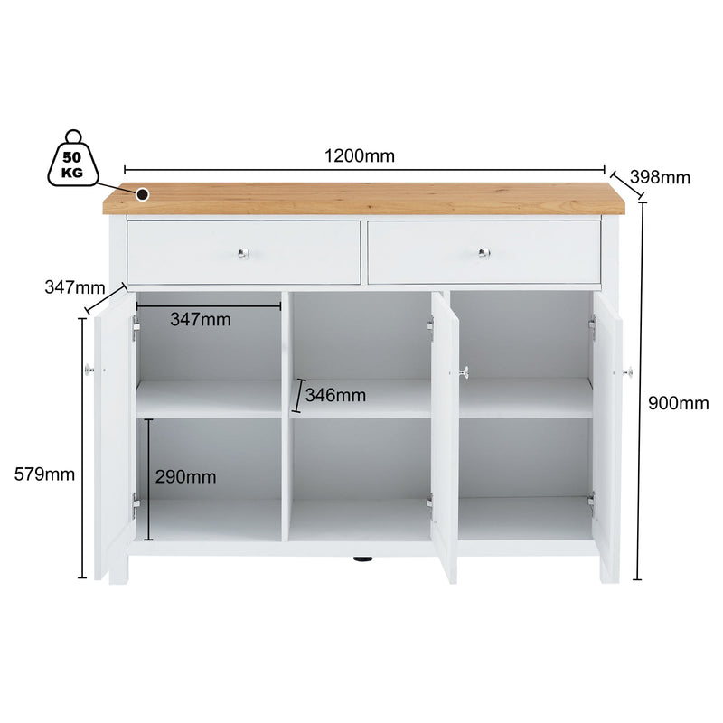 Buffet Sideboard with 2 Drawers & 3 Doors - Pine Top, White Body | Versatile Storage Solution