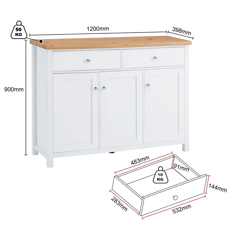 Buffet Sideboard with 2 Drawers & 3 Doors - Pine Top, White Body | Versatile Storage Solution