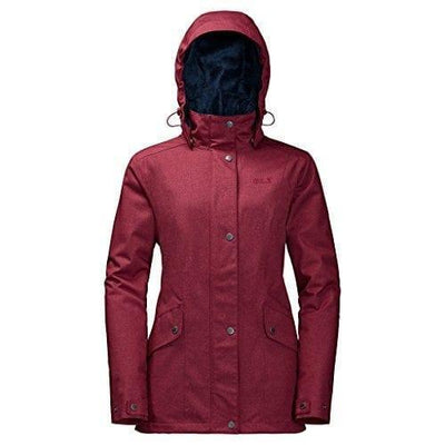 Jack Wolfskin Womens Park Avenue Rain Jacket Waterproof Windproof Coat w Hood - Dark Red - L