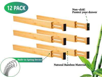 12 Pack Bamboo Adjustable Kitchen Drawer Dividers (Large, 44-55 cm) Payday Deals