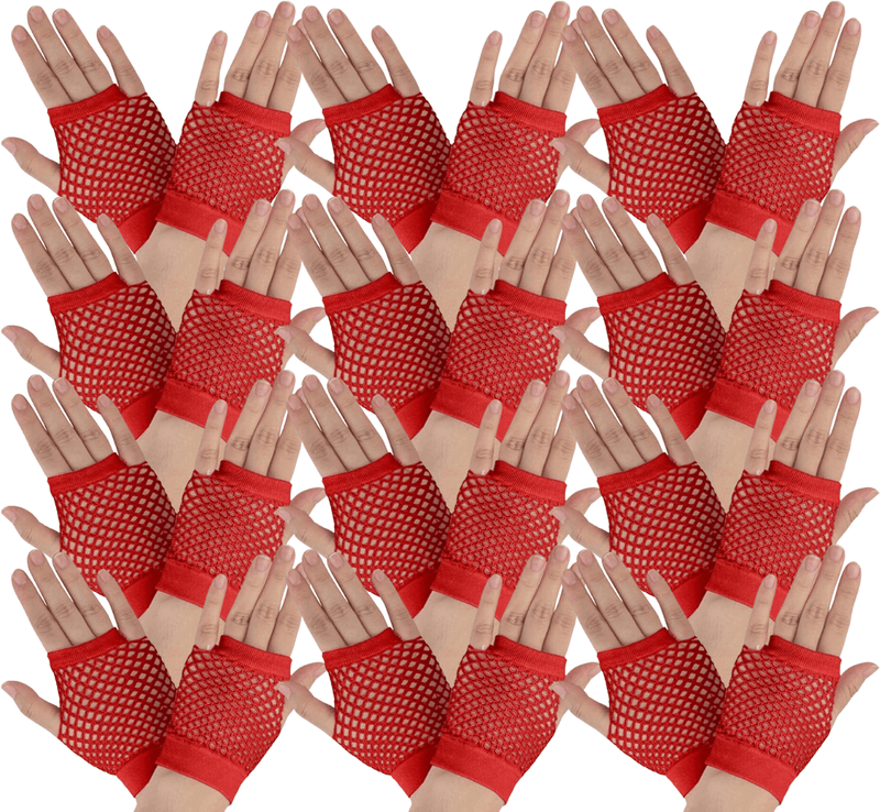 12 Pair Fishnet Gloves Fingerless Wrist Length 70s 80s Costume Party Bulk - Red Payday Deals