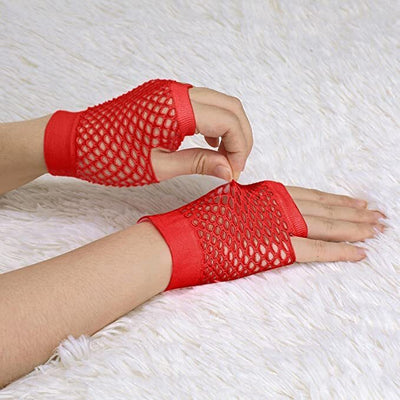 12 Pair Fishnet Gloves Fingerless Wrist Length 70s 80s Costume Party Bulk - Red Payday Deals