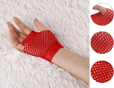 12 Pair Fishnet Gloves Fingerless Wrist Length 70s 80s Costume Party Bulk - Red Payday Deals