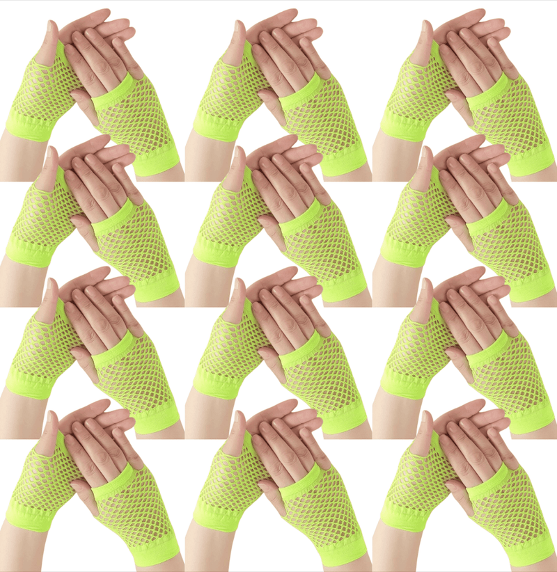 12 Pair Fishnet Gloves Fingerless Wrist Length 70s 80s Costume Party - Fluro Yellow Payday Deals