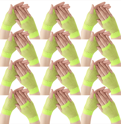 12 Pair Fishnet Gloves Fingerless Wrist Length 70s 80s Costume Party - Fluro Yellow Payday Deals