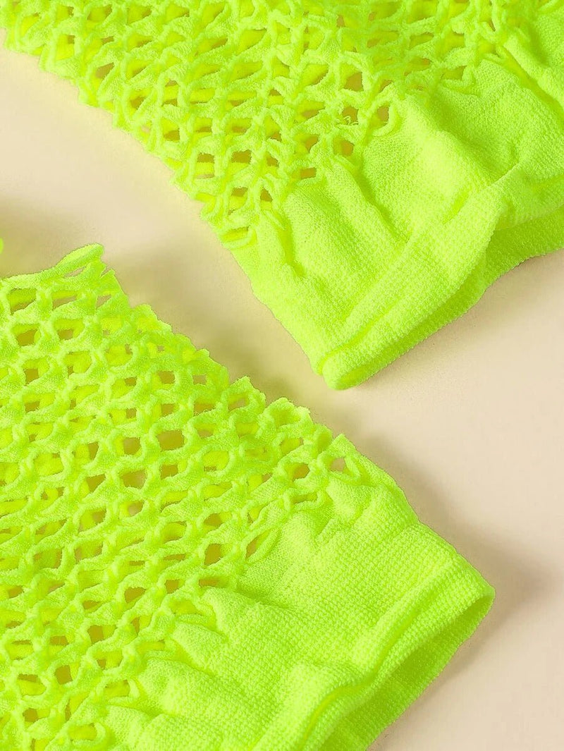 12 Pair Fishnet Gloves Fingerless Wrist Length 70s 80s Costume Party - Fluro Yellow Payday Deals