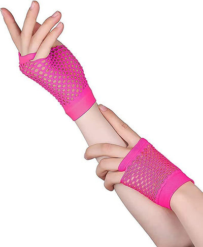 12 Pair Fishnet Gloves Fingerless Wrist Length 70s 80s Costume Party - Hot Pink Payday Deals