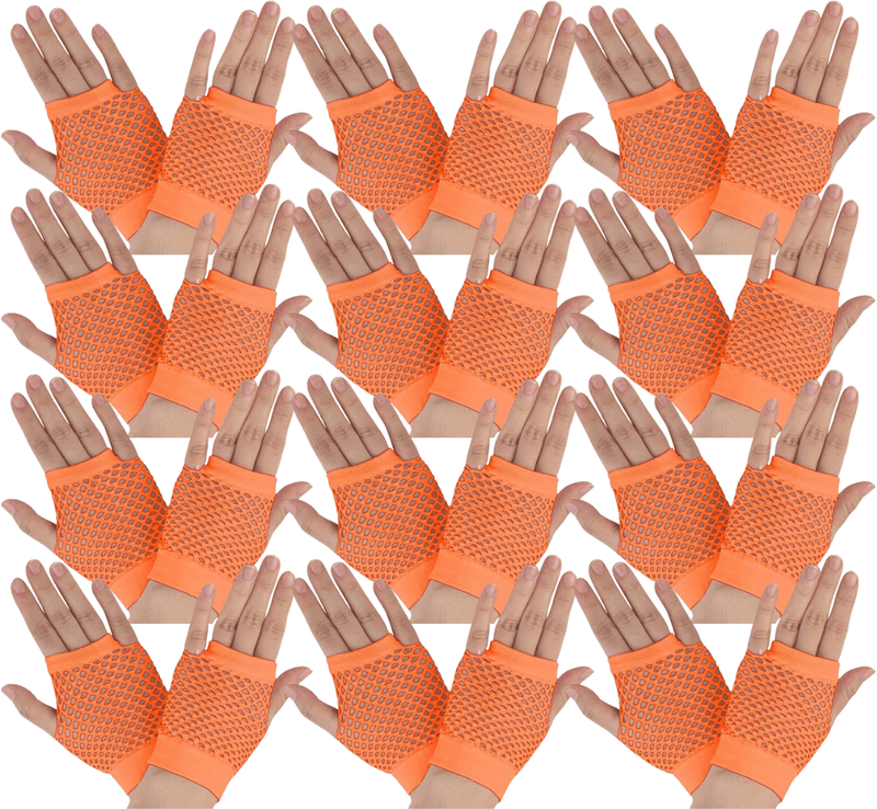 12 Pair Fishnet Gloves Fingerless Wrist Length 70s 80s Costume Party - Orange Payday Deals