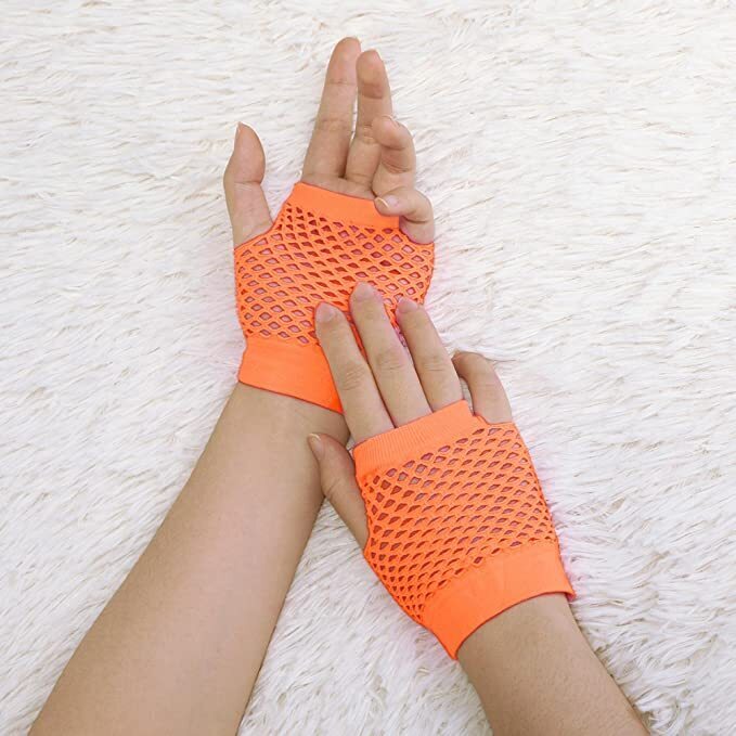 12 Pair Fishnet Gloves Fingerless Wrist Length 70s 80s Costume Party - Orange Payday Deals