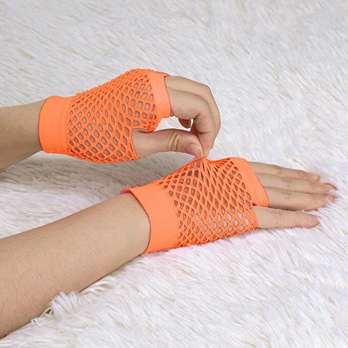 12 Pair Fishnet Gloves Fingerless Wrist Length 70s 80s Costume Party - Orange Payday Deals