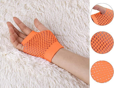 12 Pair Fishnet Gloves Fingerless Wrist Length 70s 80s Costume Party - Orange Payday Deals