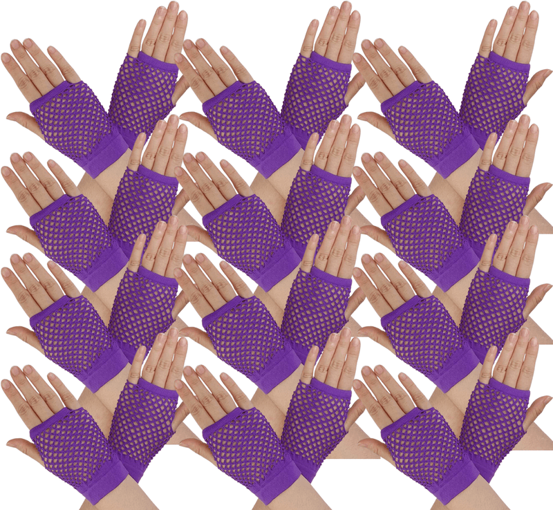 12 Pair Fishnet Gloves Fingerless Wrist Length 70s 80s Costume Party - Purple Payday Deals