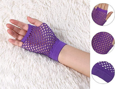 12 Pair Fishnet Gloves Fingerless Wrist Length 70s 80s Costume Party - Purple Payday Deals