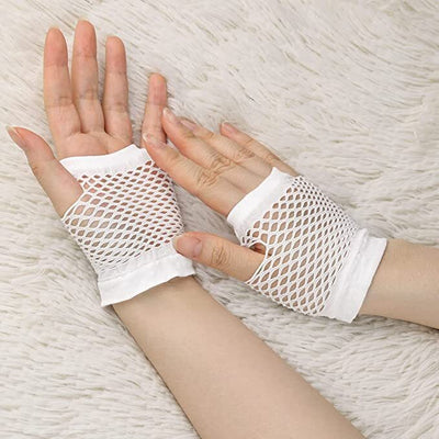 12 Pair Fishnet Gloves Fingerless Wrist Length 70s 80s Costume Party - White Payday Deals