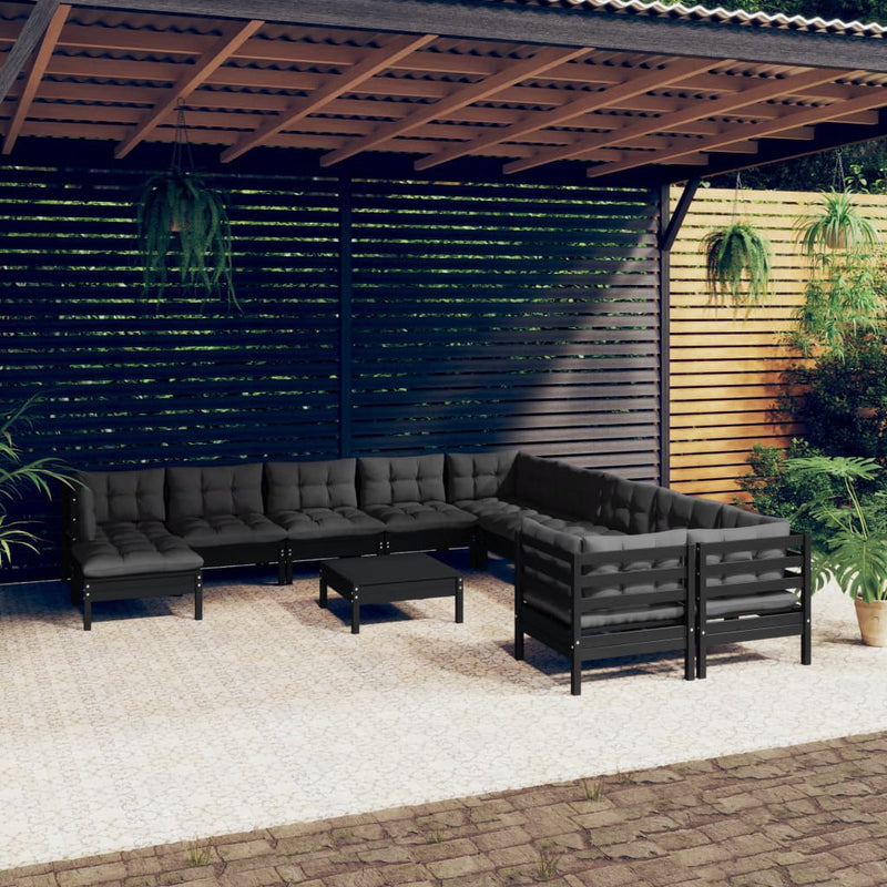 12 Piece Garden Lounge Set with Cushions Black Pinewood Payday Deals