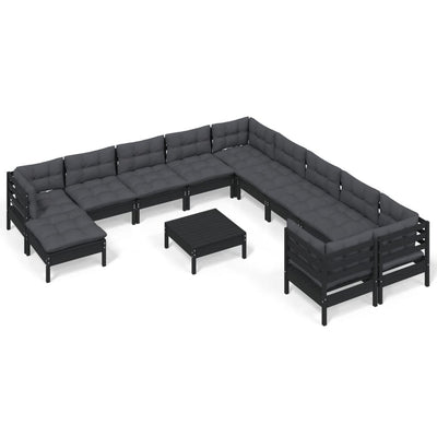 12 Piece Garden Lounge Set with Cushions Black Pinewood Payday Deals