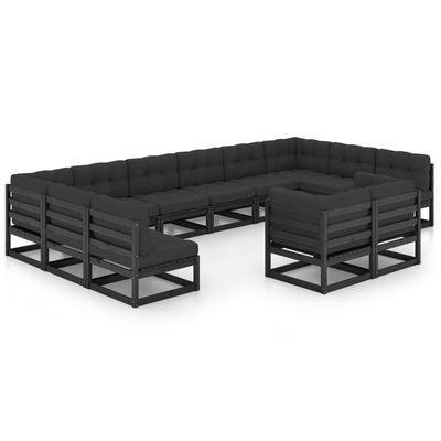 12 Piece Garden Lounge Set with Cushions Black Solid Pinewood Payday Deals
