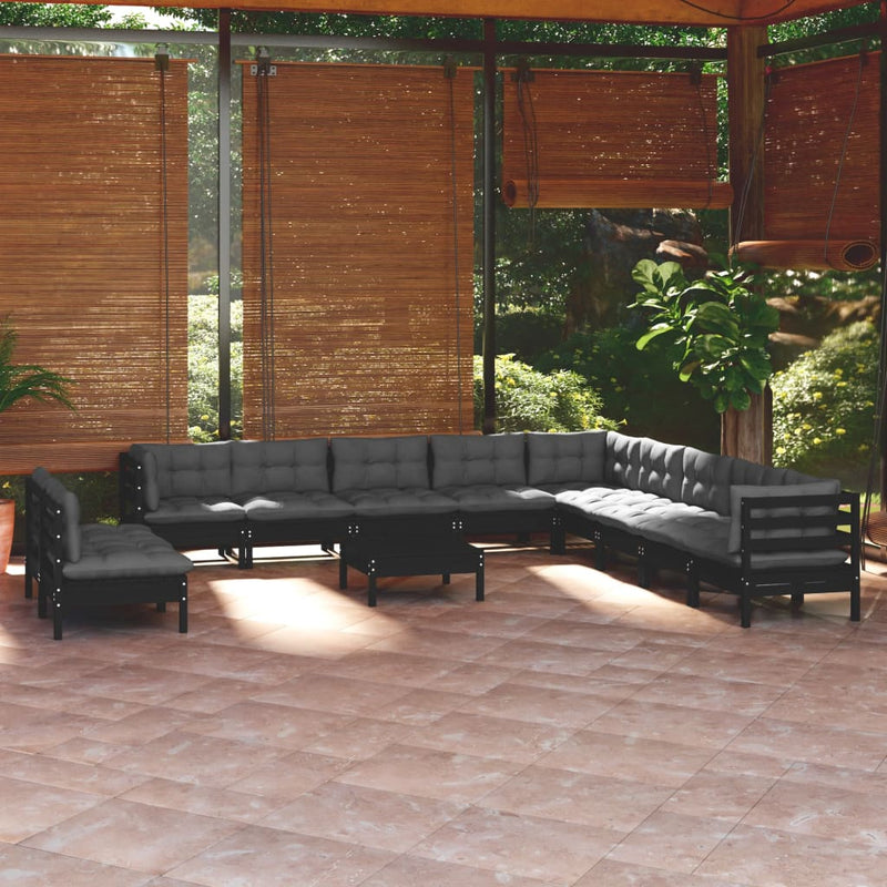 12 Piece Garden Lounge Set with Cushions Black Solid Pinewood Payday Deals