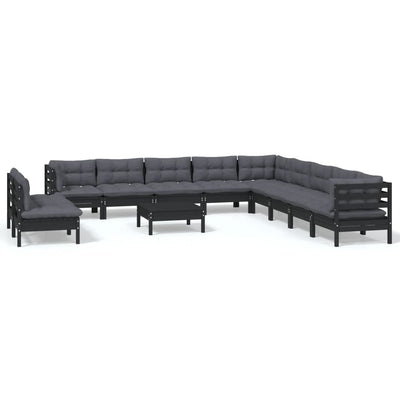 12 Piece Garden Lounge Set with Cushions Black Solid Pinewood Payday Deals