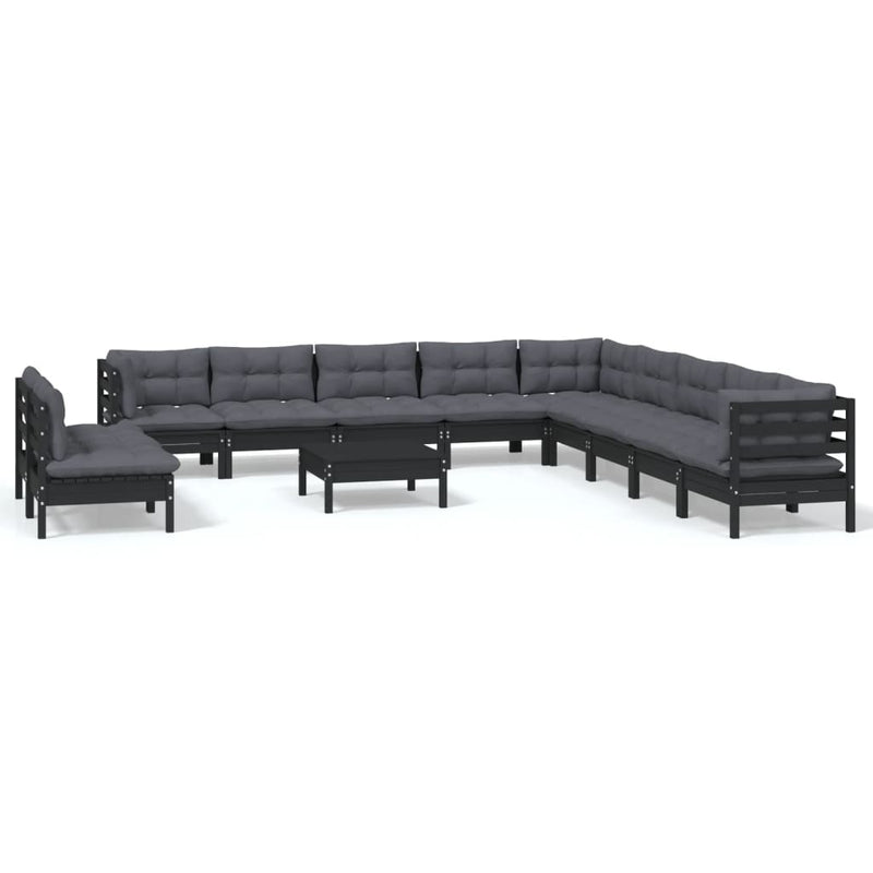 12 Piece Garden Lounge Set with Cushions Black Solid Pinewood Payday Deals