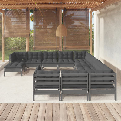 12 Piece Garden Lounge Set with Cushions Grey Pinewood