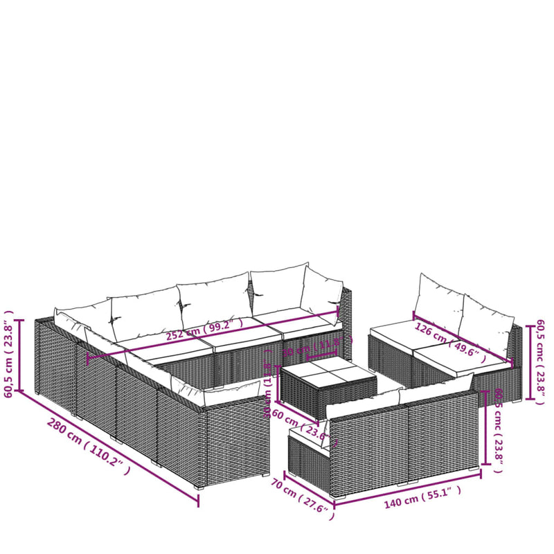12 Piece Garden Lounge Set with Cushions Grey Poly Rattan Payday Deals